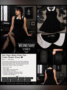 Hot Topic Wednesday Addams Style Black Peter Pan Collar Dress Size L